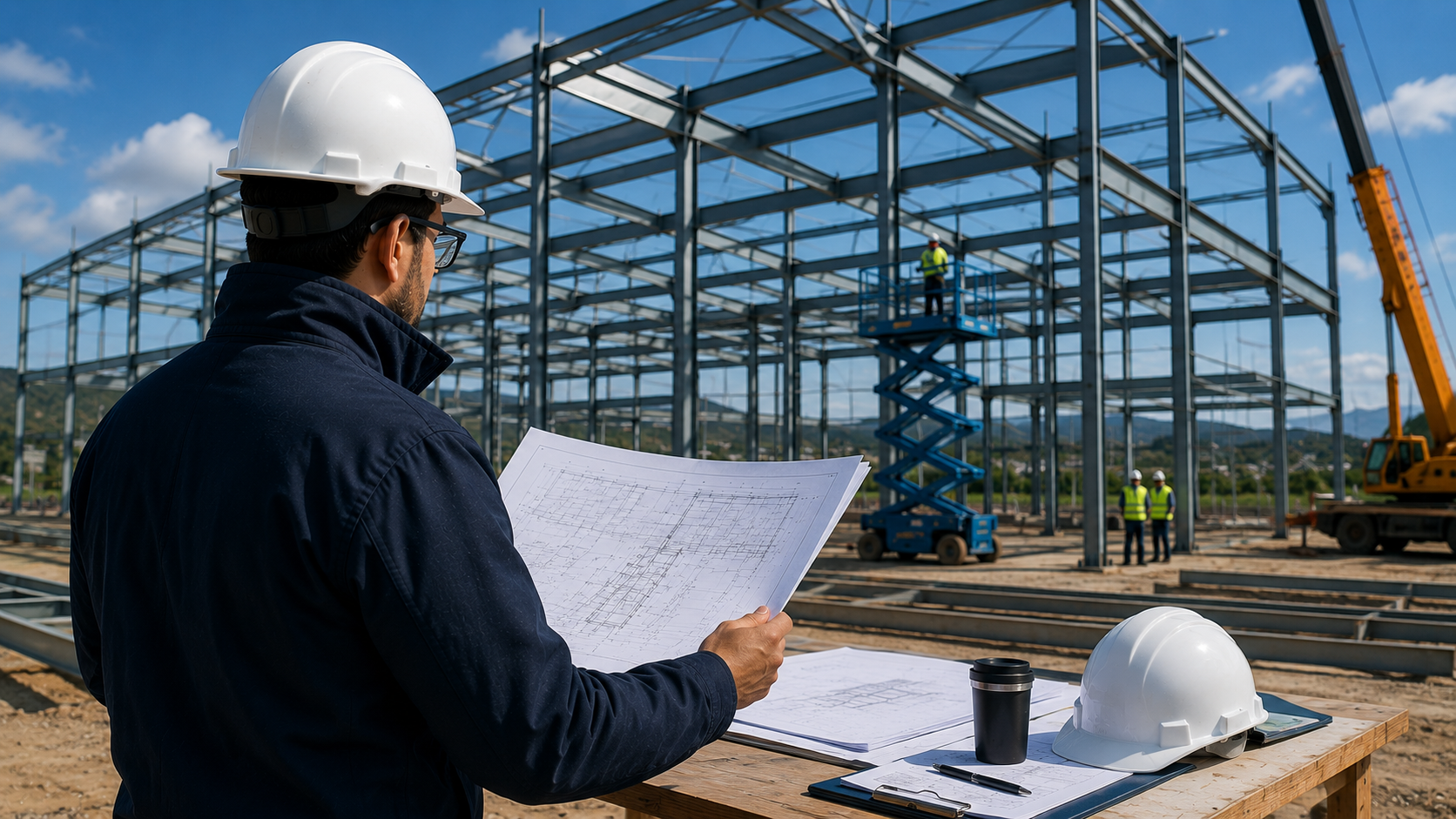 Reunión técnica de ingeniería para revisar planos y modelos de una estructura metálica